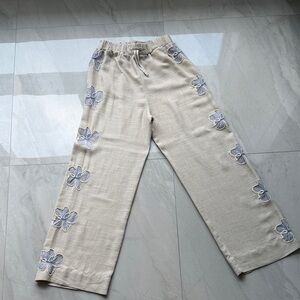 Zara Cream Lin-polyester girl pants with Blue Floral Design
